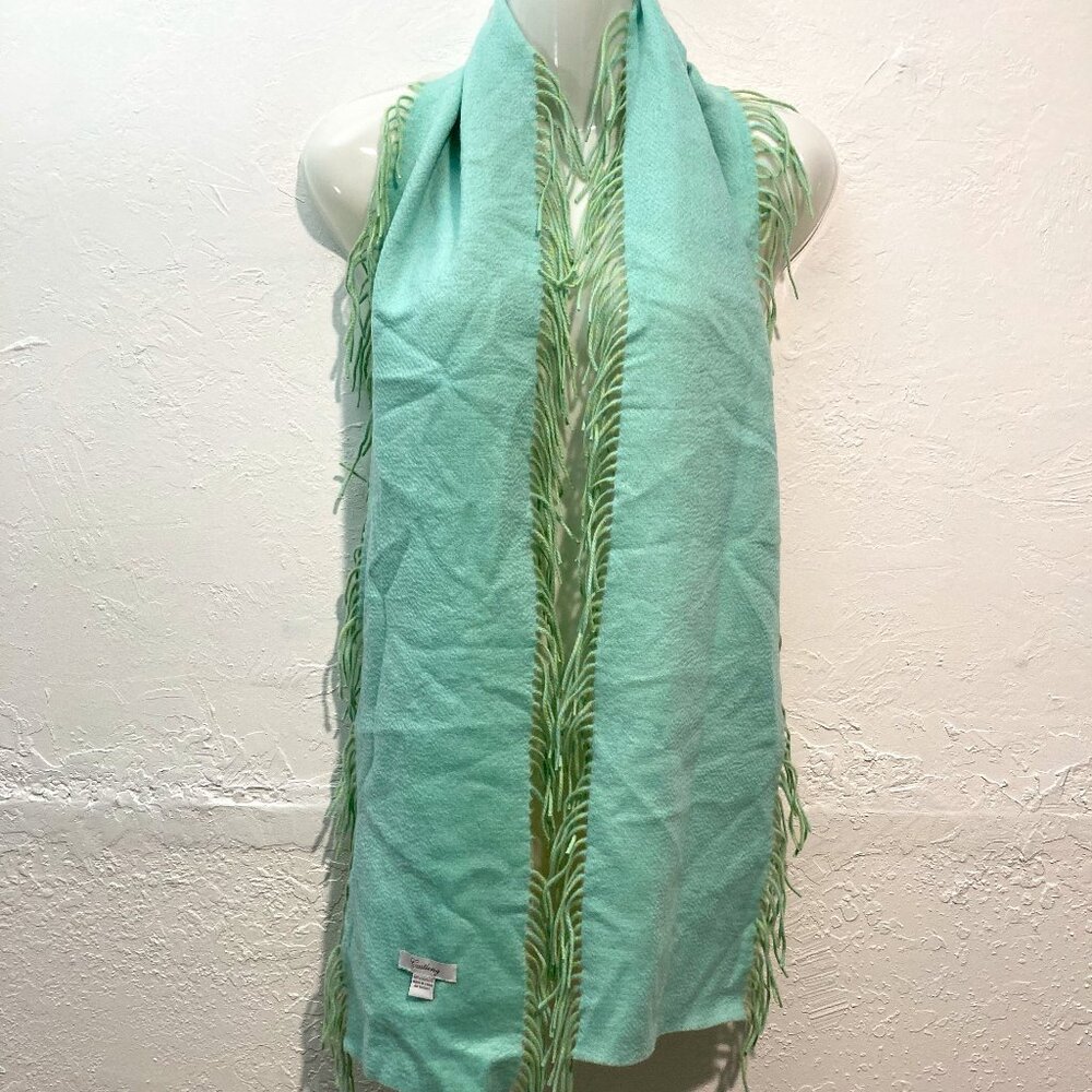 Castlering Unisex 100% Cashmere Fringe Scarf Reversible Green Blue 68" x 8"
